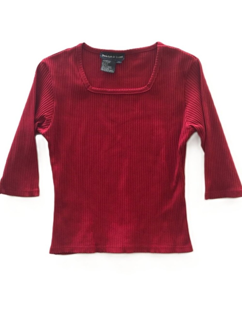 Red Snug Ribbed Top with 3/4 Sleeve & Square Neckline
